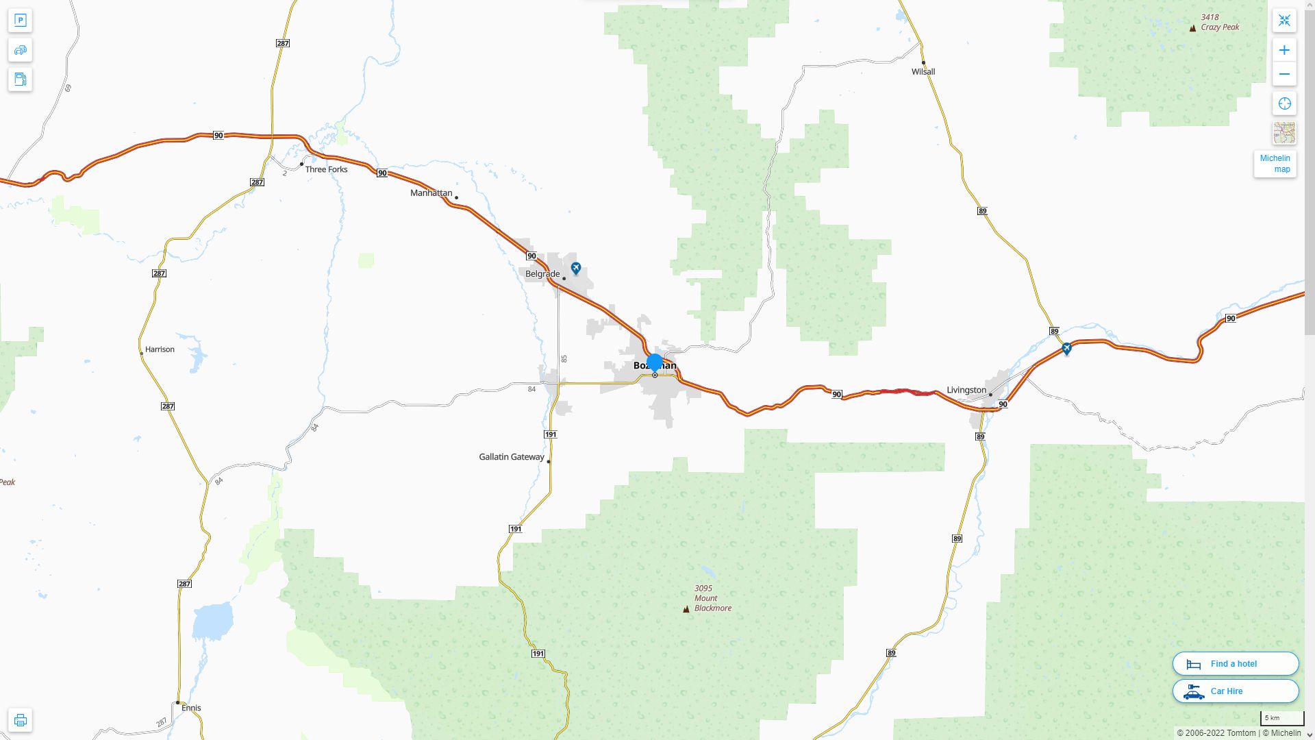 Bozeman Montana Highway and Road Map
